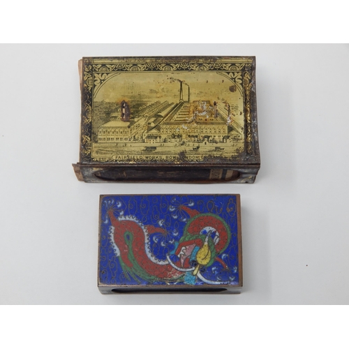 Antique Cloisonne Vesta/Matchbox Holder together with an early Bryant & May's Matchbox Holder depicting The Fairfield Works, Bow, London