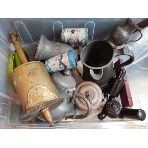 400V - A Tub containing an assortment of items including a 19th century John Inwood brass meat jack, pewter... 