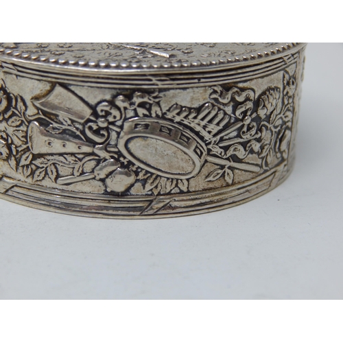 275L - 19th Century Continental Silver Snuff Box, The Hinged Top with Figural Decoration: Measures 6cm Diam... 