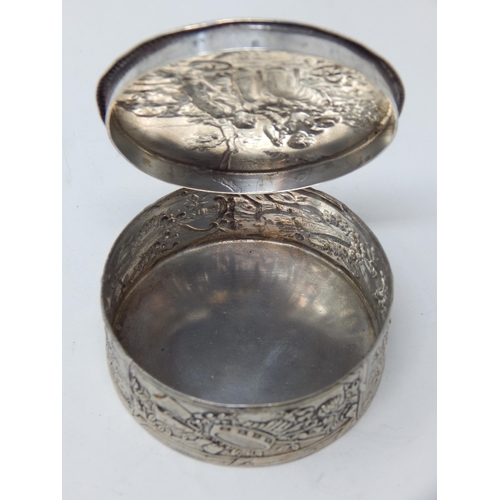 275L - 19th Century Continental Silver Snuff Box, The Hinged Top with Figural Decoration: Measures 6cm Diam... 