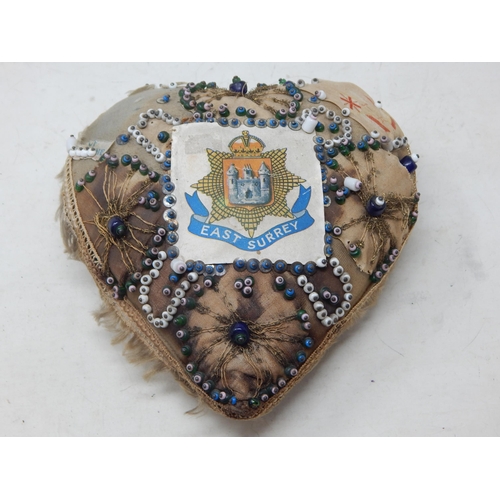 462 - WWI East Surrey Regiment Sweetheart Cushion: 17cm x 16cm