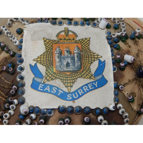 462 - WWI East Surrey Regiment Sweetheart Cushion: 17cm x 16cm