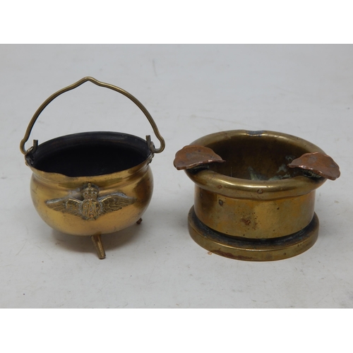 468 - WWI Brass Shell Trench Art, One formed as a cauldron with swing handle & RAF Badge.