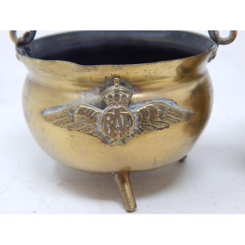 468 - WWI Brass Shell Trench Art, One formed as a cauldron with swing handle & RAF Badge.