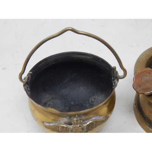 468 - WWI Brass Shell Trench Art, One formed as a cauldron with swing handle & RAF Badge.