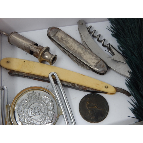 472 - A Quantity of Items including a Plume, Belt Buckle, Knives etc