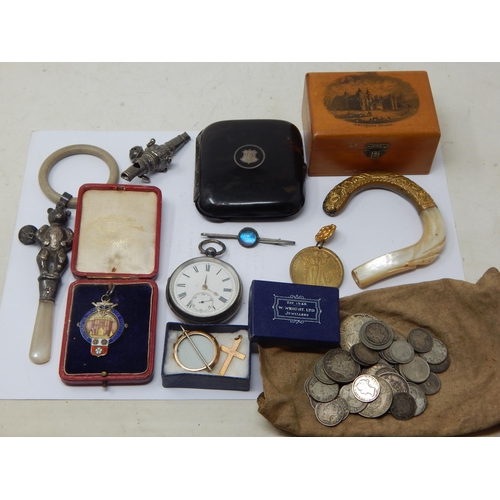 A Quantity of Items including a 9ct Gold Cross & Locket Brooch, Gross weight 7.3g, Silver Pocket Watch, Silver & Enamel Fob, Silver Coinage, Parasol Handle, Babies rattles, Box, WWI Peace Medal etc (lot)