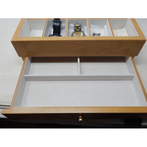 404 - A Group of Wristwatches contained in a Glass Top Wooden Watch Display Case with Lower Drawer