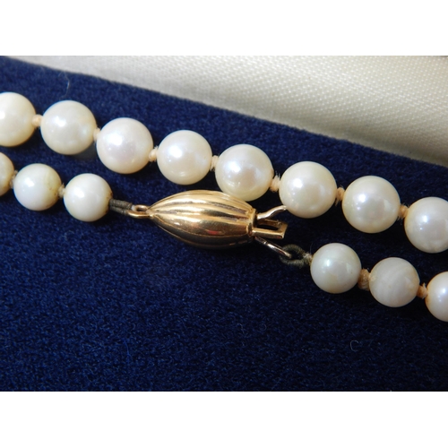 166 - Vintage 18ct Gold Clasped Individually Knotted Pearl Necklace: Length 90cm: In Original Case.