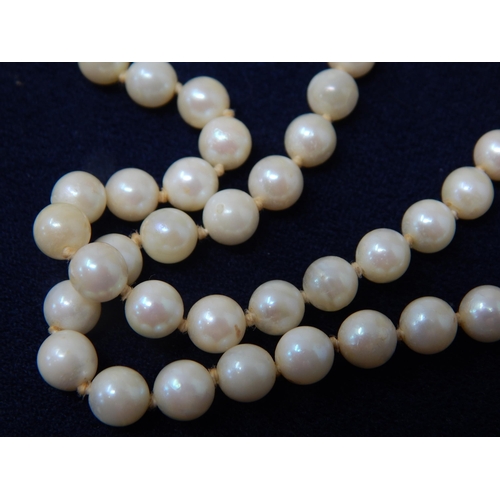 166 - Vintage 18ct Gold Clasped Individually Knotted Pearl Necklace: Length 90cm: In Original Case.