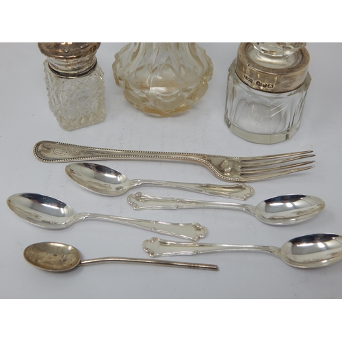 117 - Victorian Silver Fork by George Adams together with Silver Spoons & Silver Mounted Perfume Bottles. ... 