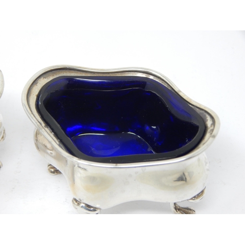 118 - A pair of Silver Salts with Blue Glass Liners: Marks Rubbed: Silver weight 112g