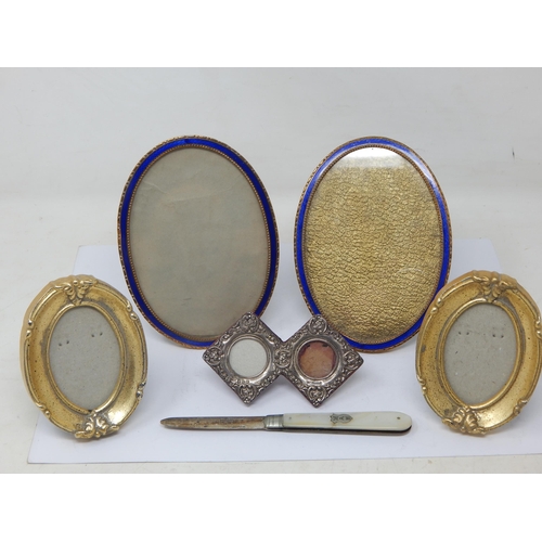 Quantity of Photograph Frames Including a small silver double frame, a pair of guilloche enamel frames, silver bladed fruit knife etc