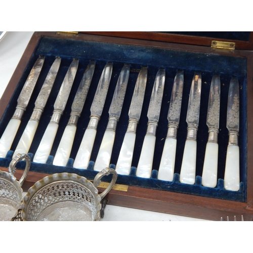 124 - A Quantity of Silver Plated Wares Including Christofle, Cased set of fruit knives & forks with mothe... 