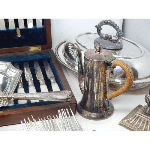 124 - A Quantity of Silver Plated Wares Including Christofle, Cased set of fruit knives & forks with mothe... 