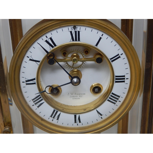 444 - 19th Century J.W Benson, Ludgate Hill, London Brass Cased Mercury Pendulum Mantel Clock, Serial No 3... 