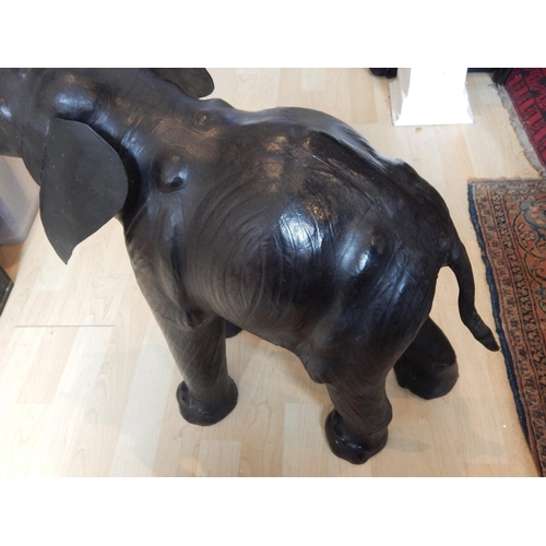 447 - Large Liberty & Co Style Leather Elephant with Inset Glass Eyes, raised trunk & tusks: Measuring 58c... 