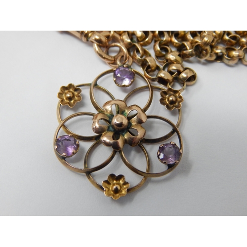 173 - Edwardian 9ct Gold Chain with 9ct Gold Amethyst Set Pendant: Length 64cm: Weight 9.51g