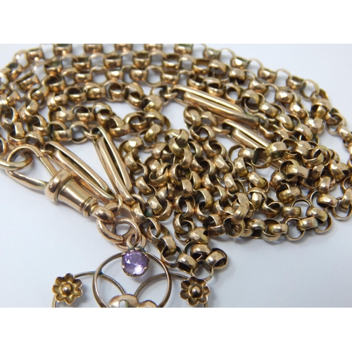 173 - Edwardian 9ct Gold Chain with 9ct Gold Amethyst Set Pendant: Length 64cm: Weight 9.51g