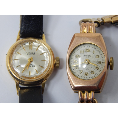 18ct Gold Ladies Wristwatch on Black Leather Strap together with a 9ct Gold Ladies Wristwatch on plated strap