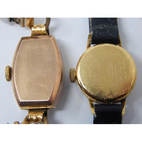 201 - 18ct Gold Ladies Wristwatch on Black Leather Strap together with a 9ct Gold Ladies Wristwatch on pla... 