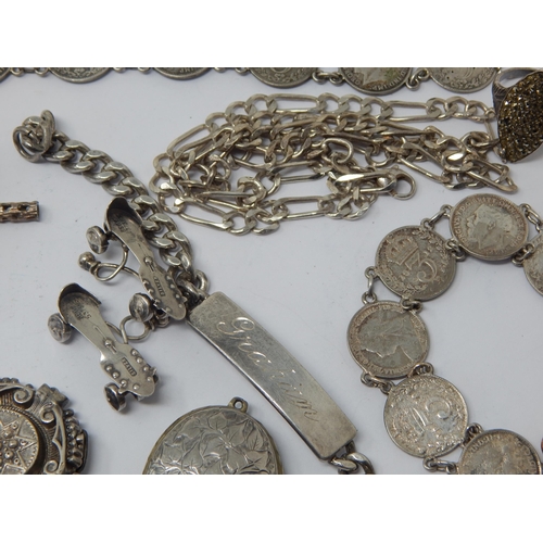 207 - A Quantity of Silver to Include a Victorian Mourning Brooch, Locket, Coin Bracelets, Albert Chain, N... 