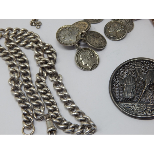 207 - A Quantity of Silver to Include a Victorian Mourning Brooch, Locket, Coin Bracelets, Albert Chain, N... 