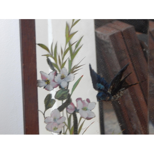 462 - A Pair of Aesthetic Bevelled Glass wooden Framed Mirrors depicting birds amongst foliage