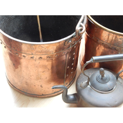 464 - A Pair of Antique Copper Log Bins with Swing Handles, a Copper Kettle & a Copper Chestnut Roaster