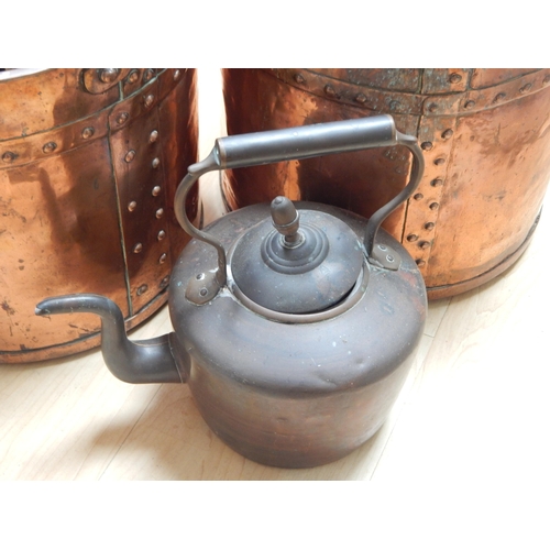 464 - A Pair of Antique Copper Log Bins with Swing Handles, a Copper Kettle & a Copper Chestnut Roaster