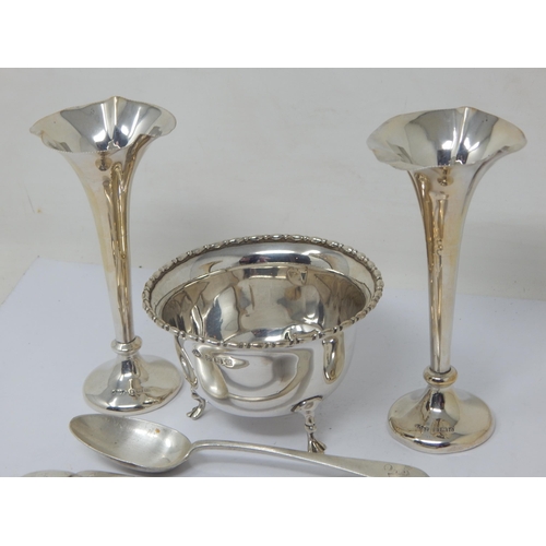 129 - A Quantity of Hallmarked Silver Including a Sugar Bowl, Bud Vases with weighted bases, Spoons & Tong... 