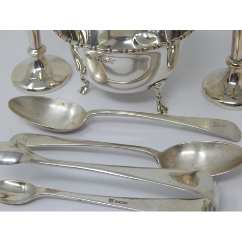 129 - A Quantity of Hallmarked Silver Including a Sugar Bowl, Bud Vases with weighted bases, Spoons & Tong... 