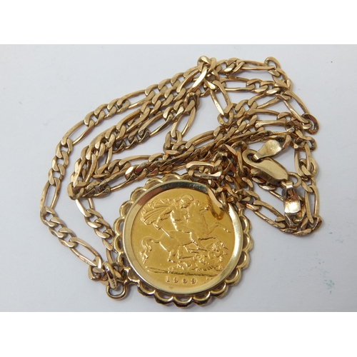 226 - 1909 Gold Half Sovereign in 9ct Gold Pendant Mount on 9ct Gold Chain (Length 50cm): Weight 11.88g