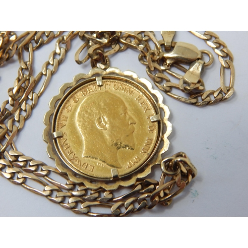 226 - 1909 Gold Half Sovereign in 9ct Gold Pendant Mount on 9ct Gold Chain (Length 50cm): Weight 11.88g