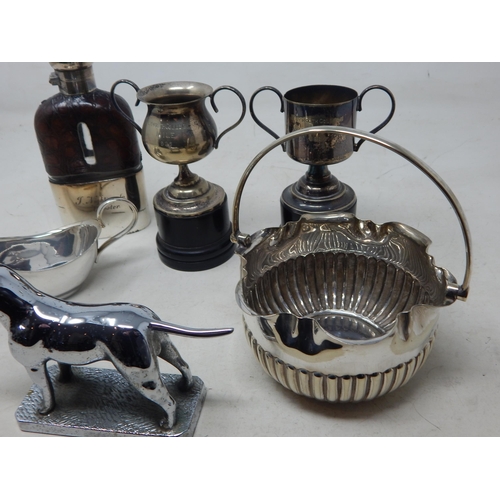 130 - An Art Deco Chrome Car Mascot Modelled as a Hound together with a quantity of silver plated wares.