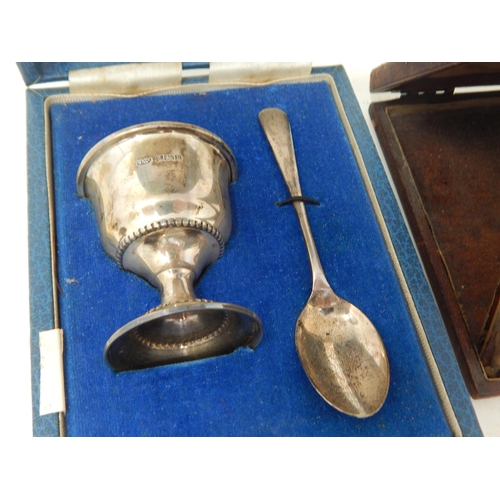 134 - Hallmarked Silver Egg Cup & Spoon in Fitted Case, Silver Topped Brush together with a Framed Photogr... 