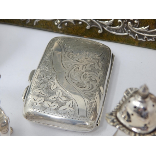 140 - Hallmarked Silver Cigarette Case & Trophy Cup (124g) together with a Victorian Silver Fronted Desk T... 