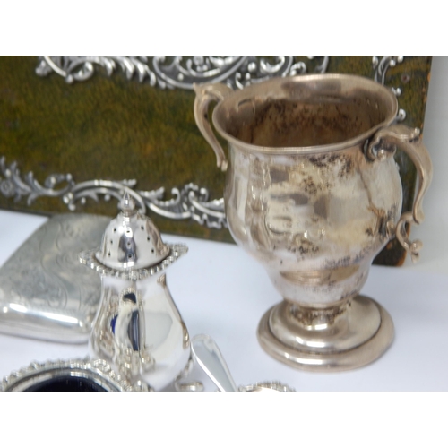 140 - Hallmarked Silver Cigarette Case & Trophy Cup (124g) together with a Victorian Silver Fronted Desk T... 