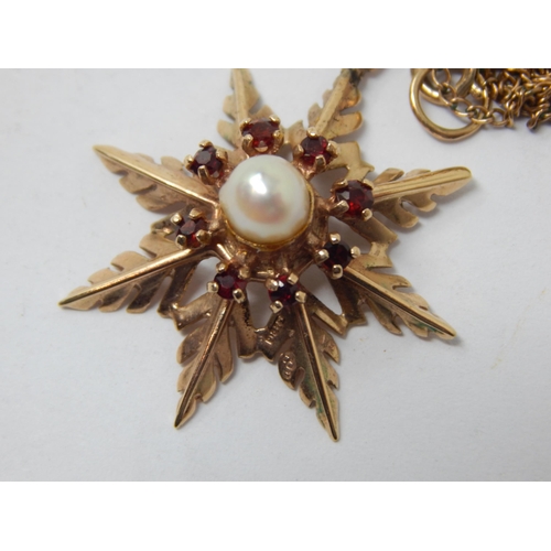 244 - 9ct Gold Pearl & Garnet Set Pendant on 9ct Gold Chain: Gross weight 5.34g