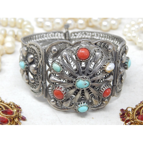 341 - Continental Silver Hinged Bracelet Set with Coral & Turquoise together with a large quantity of cost... 