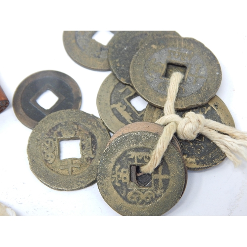 77 - Ancient Chinese Cash Coins together with 19th Century Chinese porcelain gambling tokens, signed with... 