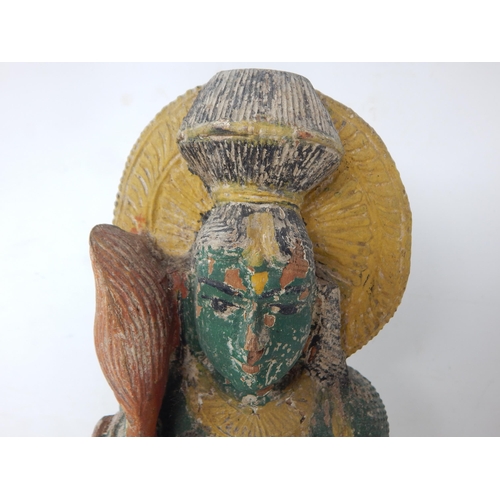 490 - An Antique Carved Wood & Polychrome Deity together with a wooden headed figure with fragmented cloth... 