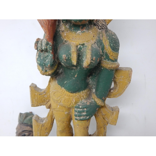 490 - An Antique Carved Wood & Polychrome Deity together with a wooden headed figure with fragmented cloth... 