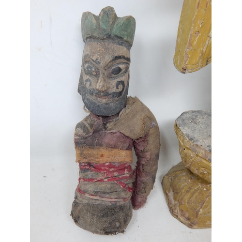 490 - An Antique Carved Wood & Polychrome Deity together with a wooden headed figure with fragmented cloth... 