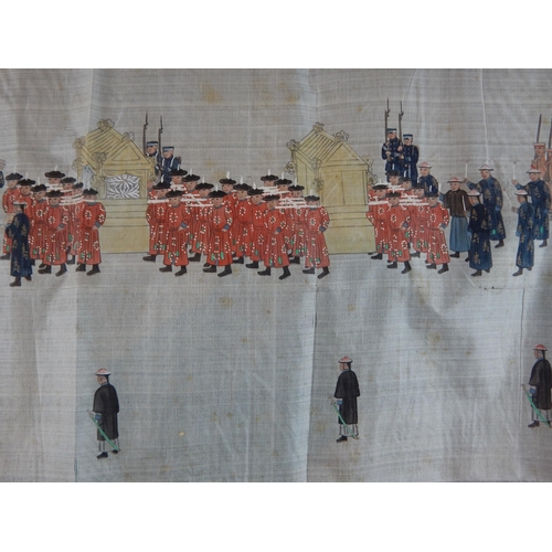 492 - 19th Century Long Chinese Scroll Painting on Silk depicting a figural scene with the Imperial guard ... 