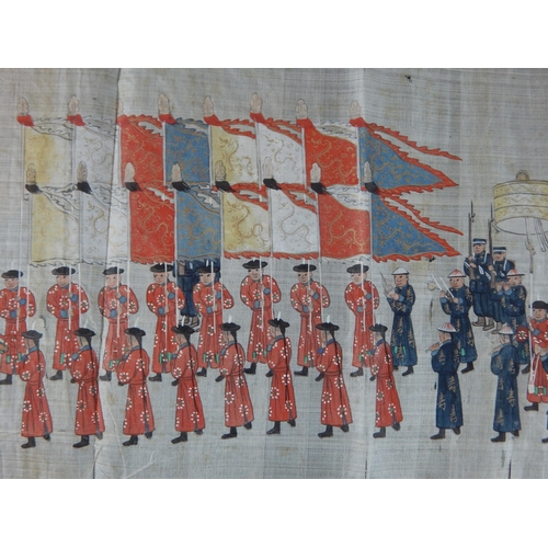 492 - 19th Century Long Chinese Scroll Painting on Silk depicting a figural scene with the Imperial guard ... 