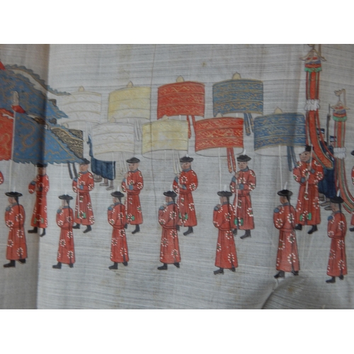 492 - 19th Century Long Chinese Scroll Painting on Silk depicting a figural scene with the Imperial guard ... 