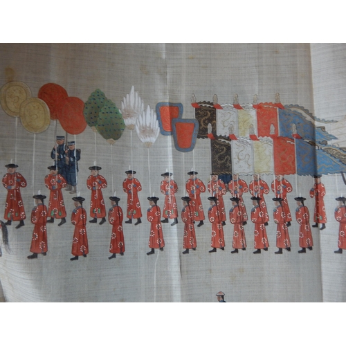 492 - 19th Century Long Chinese Scroll Painting on Silk depicting a figural scene with the Imperial guard ... 