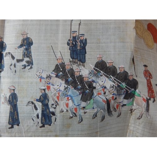 492 - 19th Century Long Chinese Scroll Painting on Silk depicting a figural scene with the Imperial guard ... 