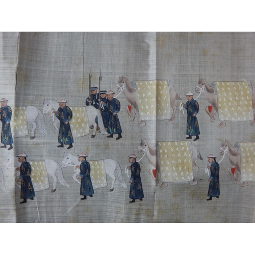 492 - 19th Century Long Chinese Scroll Painting on Silk depicting a figural scene with the Imperial guard ... 